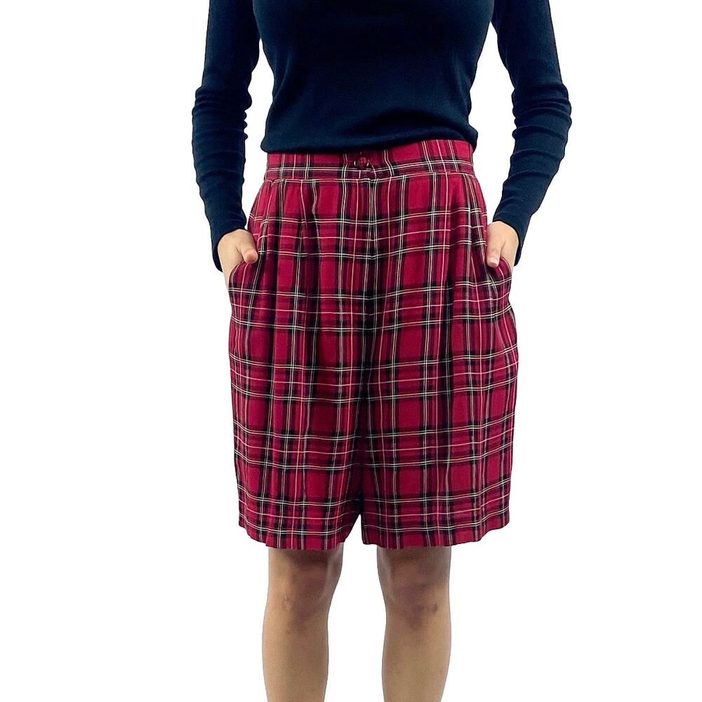 Vintage 90s Tartan Plaid High Waist Loose Fit Pleated Mom Shorts Sz M